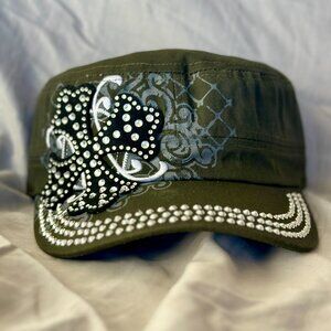 Hat~Rhinestone~Short Cross~Cadet style~adjustable velcro back
